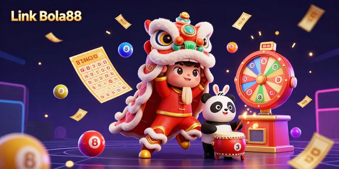 Experience vibrant gaming fun with Link Bola88 in this detailed celebratory scene featuring a lively lion dance and colorful casino elements.