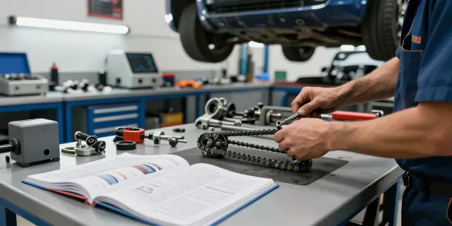 Mechanic performing steuerkette wechseln hannover in a bright automotive workshop.
