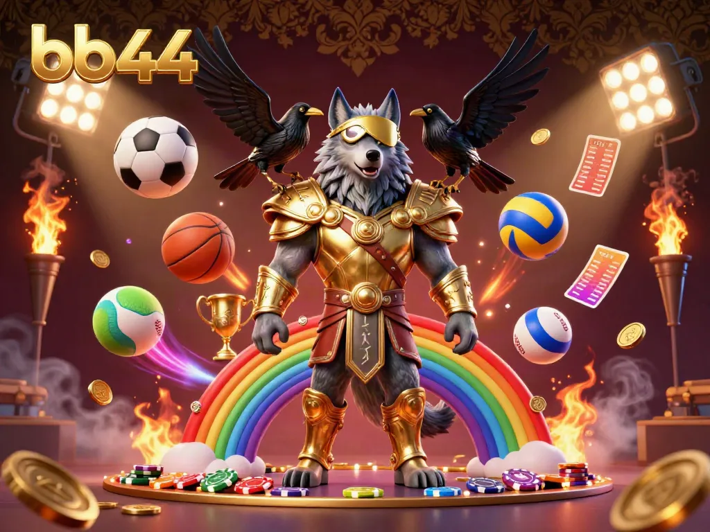 Engage in thrilling gameplay at bb44 with a colorful scene featuring an Odin wolf, sports balls, and vibrant casino elements.