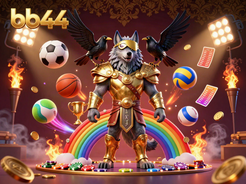 Engage in thrilling gameplay at bb44 with a colorful scene featuring an Odin wolf, sports balls, and vibrant casino elements.
