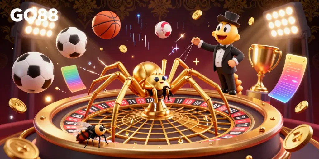 Experience the thrilling GO88 casino atmosphere with a golden spider and centipede croupier at a roulette wheel.