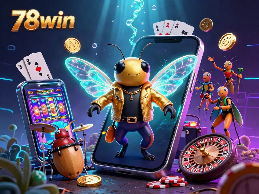 Experience the vibrant energy of 78win with a dynamic 3D illustration featuring a rock star cicada and thrilling gambling elements.