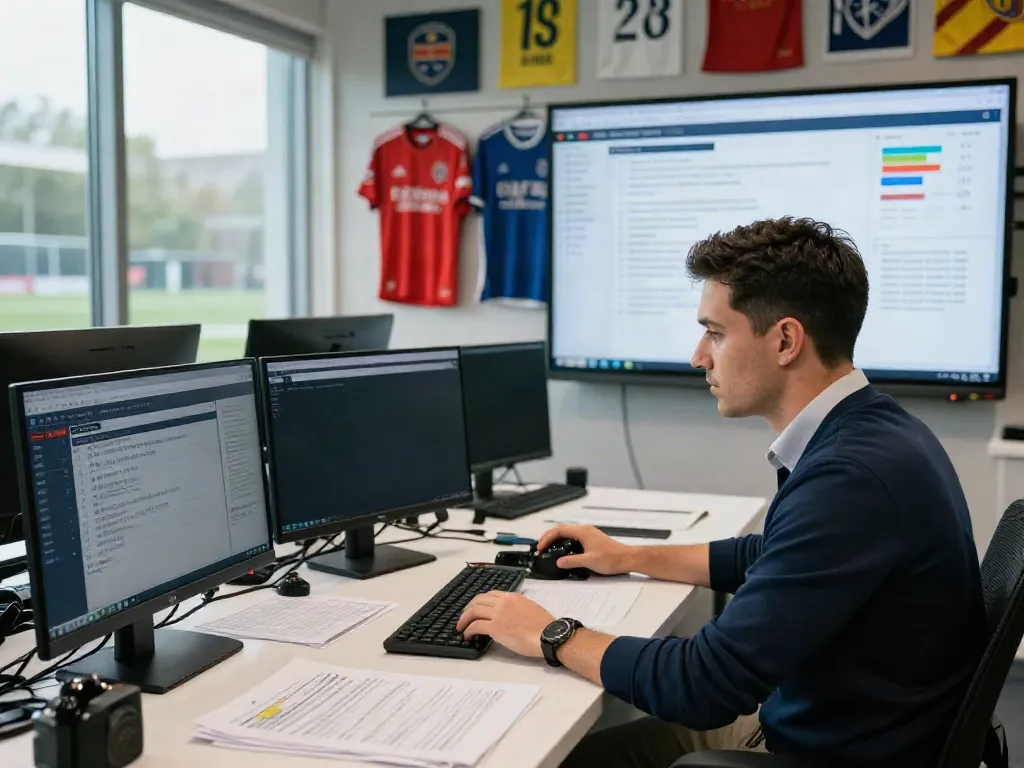 Exciting football transfer news scene showcasing a journalist tracking player transfers with multiple screens, surrounded by sports memorabilia and notes.